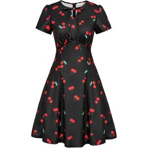 Women Floral Dress 1940s Retro A Line Stretchy Black Midi Dress for School Dance